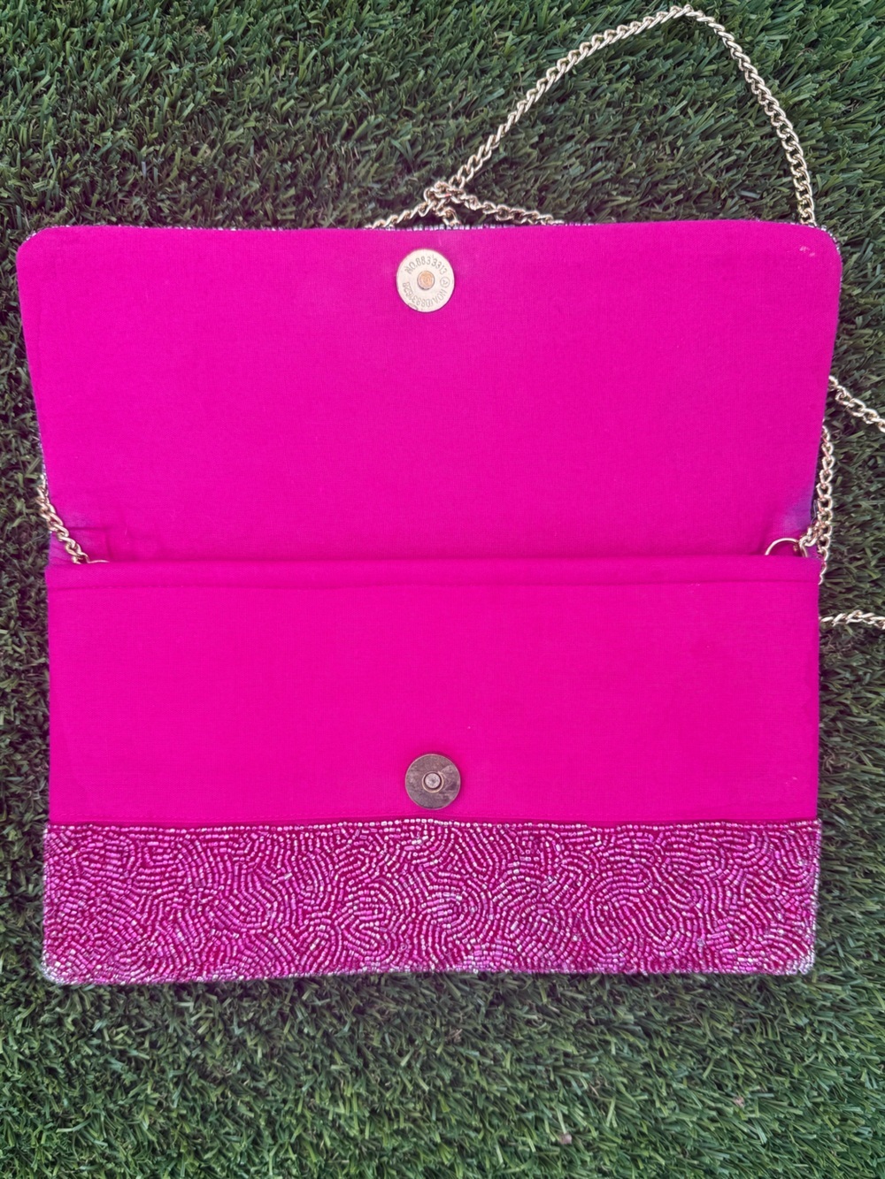 Beaded Pink Champagne Bottle Clutch Crossbody with Gold Chain - Picture 4 of 6